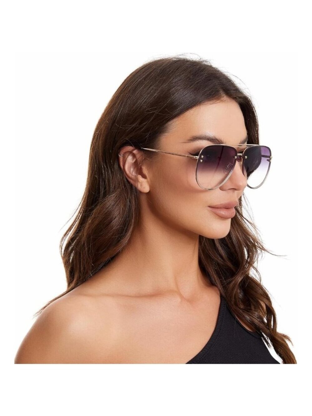 Women Black Trendy Polarized Aviator Sunglasses Men, Sun Glasses Rimless Metal